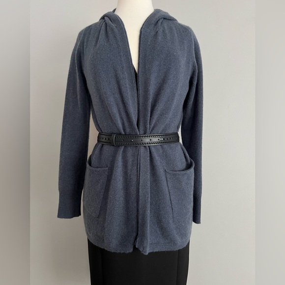 Tahari Hooded Cashmere Long Cardigan Sweater Coat Wrap Blue Womens M - Picture 4 of 17